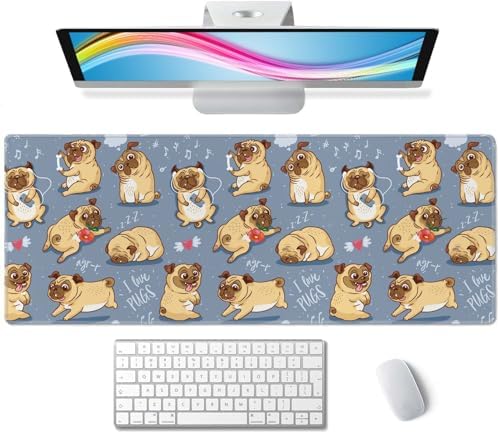 Gaming Mouse Pad Large,Cartoon Pug Pupies Mouse Pad Gaming Mouse Mat Desk Pad,31.5 x 11.8 Desk Mat Mouse Pads for Desk,Extended Keyboard Mousepad with Non-Slip Base and Stitched Edge