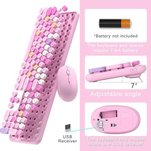 Colorful MPTOG Wireless Computer Keyboard and Mouse Combo (Pink-Colorful)