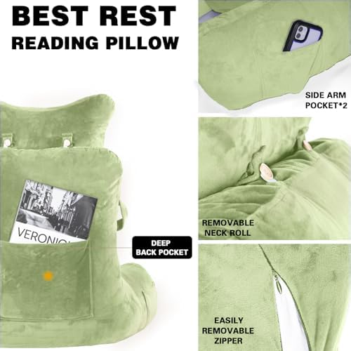 Reading Pillow-Extra Large 31" Bed Rest Pillow with Detachable Neck Roll & Arms for Sitting in Bed or Couch-Backrest Reading Pillow Adult Back Pillows for Reading/Watching TV/Gaming/Relaxing-Green
