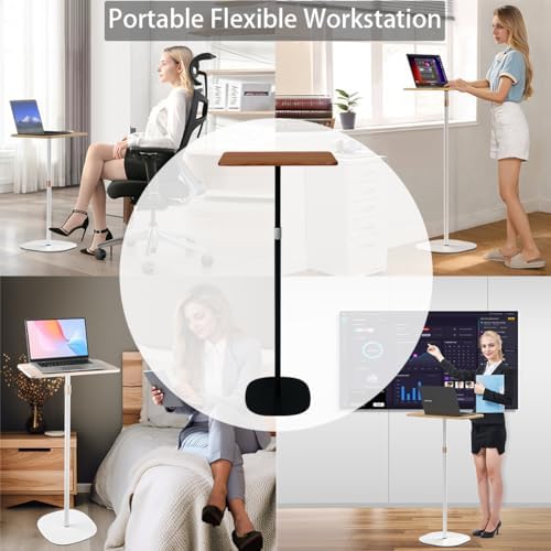 Small Laptop Standing Desk, Adjustable Height Pedestal End Table with Wooden Top, Portable Tall Side Table Workstation, Sit-Stand Desks for Bedside,Sofa,Couch, Living Room, Bedroom, Home Office, Brown