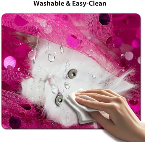 9.5x7.9 Inch Office/Gaming Mouse Pad, Lovely White Fluffy Kitten in Pink Glitter Sparkle Tulle Adorable Cat Pet, Cute Anti-Slip Mat for Desk Decor
