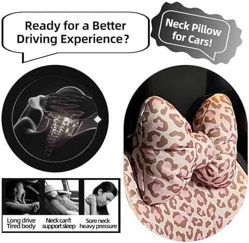 2PCS Chic Car Headrests with Bow-Shaped Cotton Linen Bowknot Neck Pillows for Cozy Road Trip & Cute Interior Decoration (Pink Leopard Set 4Pcs)