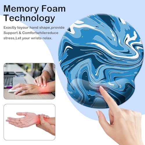 Gaming Mouse Pad Wrist Support,Ergonomic Mouse Pad with Wrist Rest,Comfortable Mousepad with Smooth Wrist Rest,Pain Relief Mouse Pads for Non-Slip Base,Computer,Laptop,Office，Home(Blue-White Fluid)