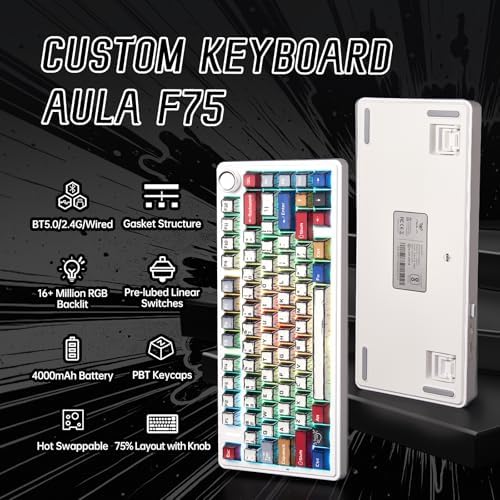 Aula F75 Wireless Mechanical Keyboard,Creamy Keyboard with RGB Backlit Hot Swappable, 81 Keys 75% Layout Gaming Keyboard, Bluetooth/2.4GHz/Type-C, Creamy Sounding - Reaper Switches