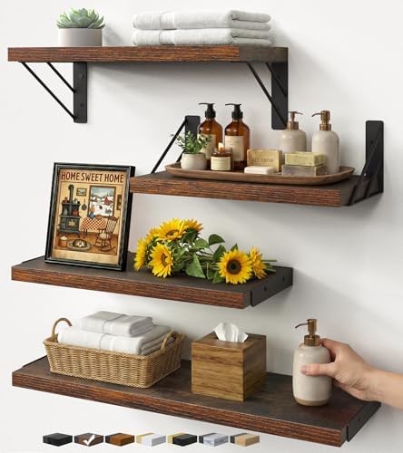 BAYKA Wall Mounted Floating Shelves (Rustic Brown, Set of 4, 16" Mixed)