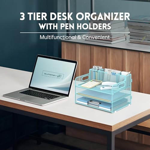 3-Tier Desk Organizer with Pen Holder and Handles, Paper Organizer, Blue