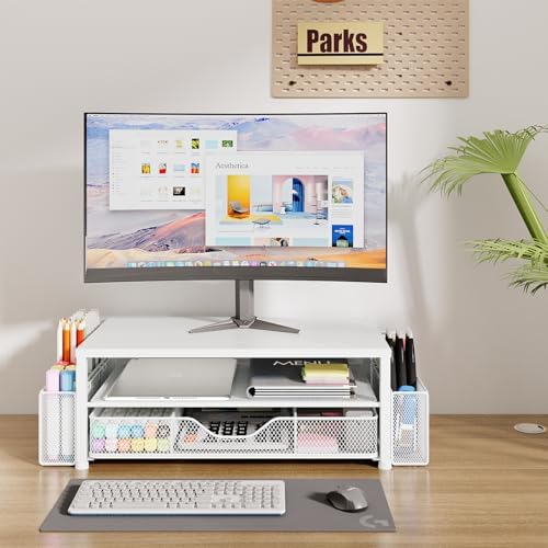 OPNICE Desk Organizer and Accessories, 2-Tier Computer Monitor Stand Riser with Drawer and 2 Pen Holders, Laptop Stand, Office Desk Accessories for Office Supplies, White