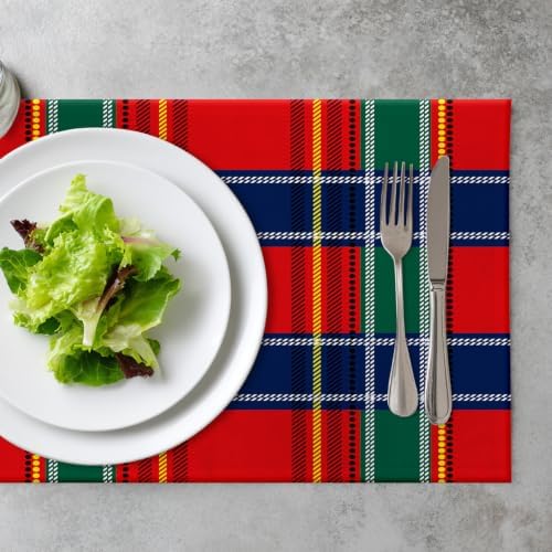 Royal Stewart Tartan Linen Placemats, Classic Red Scottish Plaid Green Table Mats for Table Washable Heat Insulation Thick Dining Mat, Indoor