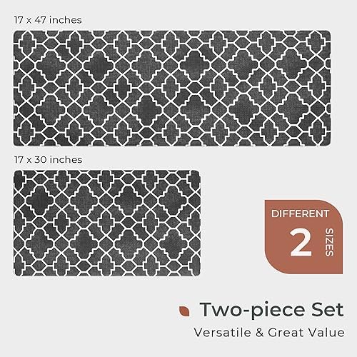 FRESHMINT Kitchen Mat Set of 2, Anti-Fatigue Cushioned Kitchen Mats for Floor, Waterproof Non Slip Comfort Standing Mat, Boho Kitchen Rug for Kitchen Decor, Sink, Office, 17"x30"+17"x47", Black