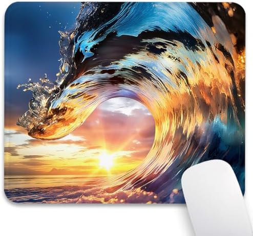 Ocean Waves Mouse Pad, Cool Golden Sea Wave Embracing The Sunset Desk Mat