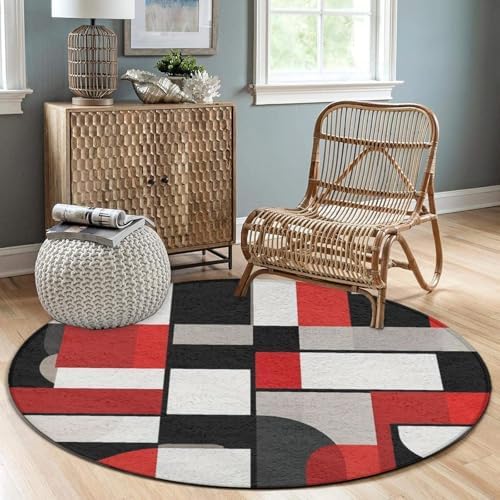 Soft Round Yoga Carpet, Large Home Decor Mat, Non Slip Machine Washable Kitchen Office Circle Rug Red Black Grey White Art