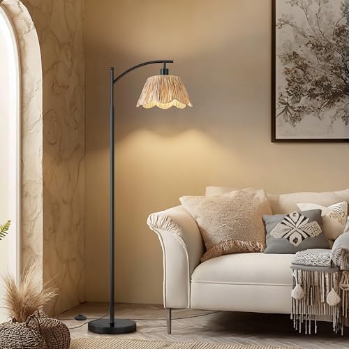 Oneach Arc Floor Lamp for Living Room with 3 Color Temperatures, Rattan Boho Floor Lamp with Hand-Woven Wicker Shade,Farmhouse Floor Lamps with Remote & Dimmable Bulb, Suitable for Bedroom（Black）