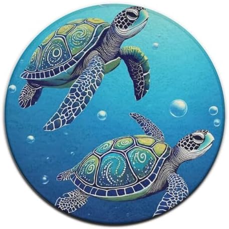Fashion Round Area Rug Large Non Slip Carpet, Abstract Tortoise Blue Sea Turtle Unisex Home Decor Mat