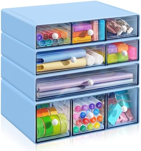 Desk Organizer with 9 Drawers, 4 Tiers Stackable Storage Drawers, Desktop Storage Box with Clear Drawers for Stationery, Makeup, Jewelry, Office and Craft Supplies (Blue)