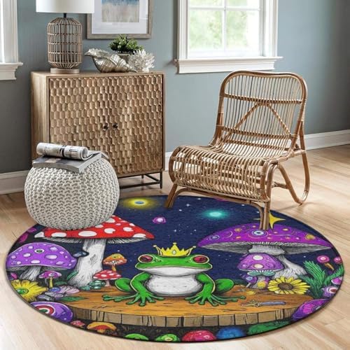 Room Sofa Yoga Soft Round Carpet, Home Decor Non Slip Kitchen Office Circle Rug, Machine Washable Modern Round Area Rug Magic Mushrooms Frog Trippy Art, 24inch