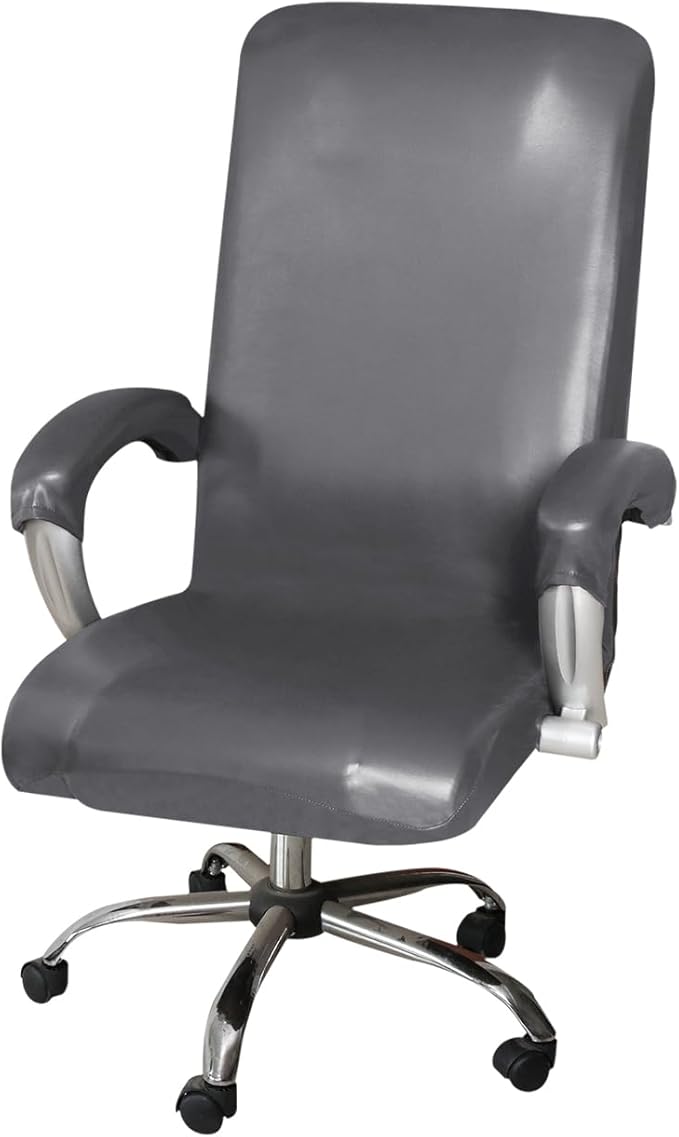ITFRO Waterproof Office Chair Cover with Armrest Covers Grey PU Leather Computer Desk Chair Cover with Zipper Universal Rotating Gaming Chair Slipcover High Back Chair Seat Protector (Grey)