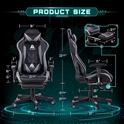 AA Products Gaming Chair High Back Ergonomic Computer Racing Chair Adjustable Office Chair with Footrest, Lumbar Support Swivel Chair - Grey