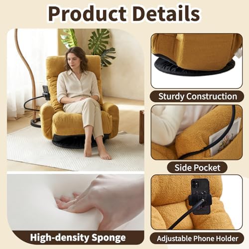 Swivel Lazy Floor Chair, Adjustable Reclining Floor Lounger with Head & Back Support and Phone Holder, Comfy Tatami Sofa Seat for Adults Bedroom & Gaming