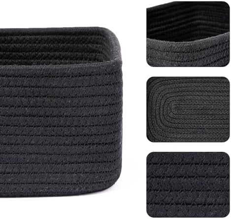 MiniArk Small Storage Baskets for Organizing | Closet Organizer Bins | Shelf Toy Basket | Woven Rope Baskets | Cube Decorative Box | Shallow Basket | 11.5x7.5x4.7” | 4 Packs Black