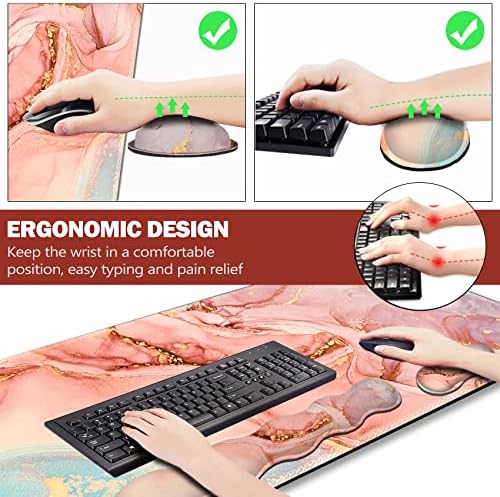 Upgraded Extended Gaming Mouse Pad, Keyboard Wrist Rest Pad, Wrist Support Mousepad Set, Artso Large Stable Rubber Base Stitched Edges, Multifunctional Desk Pad 35 x15.5 in, Abstract Pink Marble