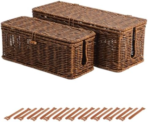 BROWNLILY Cable Management Box, Rattan Style Cord Organizer for Desk Cord Hider Outlet Covers for Power Strip Router Charger Under Desk Storage with Lockable Lid & Cable Ties(Braided Edging,Brown,Set)