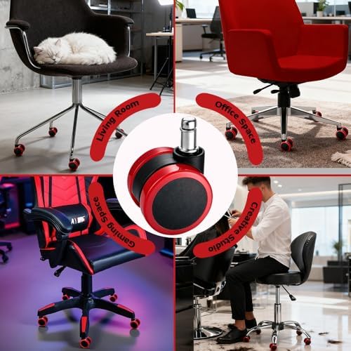 Red Office Chair Casters, 2" Heavy-Duty Chair Castors Replacement with Rubber Ring, Gaming Desk Chair Casters Wheels-Set of 5, Smooth Rolling for Hardwood Carpet Tile Floors, 11 * 22mm Universal fit