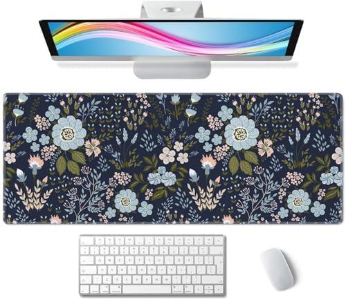 Floral Desk Mat Dark Vintage Aesthetic Desk Pad Flower Plant Blue Extended Mouse Pad Large Gaming Mousepad XL Laptop Computer Mouse Keyboard Mat 31.5 x 11.8 in for Office Desk Decor