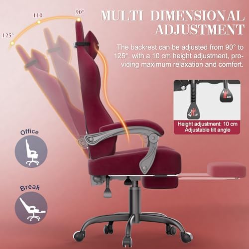Ferghana Velvet Gaming Chair, 20.5 Inch Extra Wide Seat, Fire Embroidery Ergonomic High Back Computer Chair with Footrest, Massage Lumbar Support Reclining Gaming Chair for Adults, Red