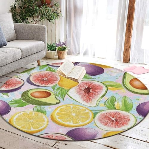 Large Round Area Rug Home Decor Modern Bathroom Rug Kitchen Office Circle Rug for Living Room Sofa Circle Cute Mat Different Fruits Summer Ornament Art, 60inch