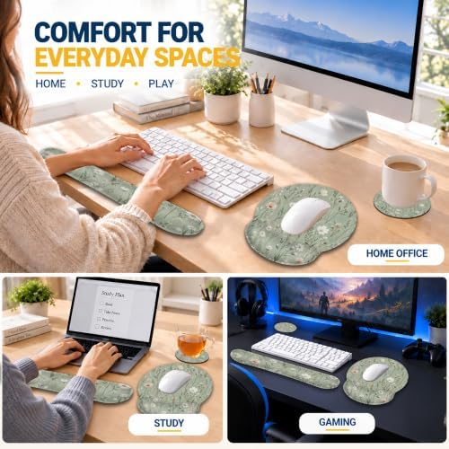 Green Wildflowers Ergonomic Wrist Rest Mouse Pad Set with Keyboard Cushion