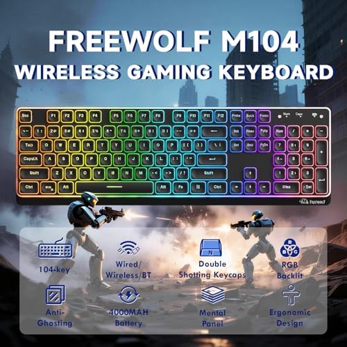 Free wolf M104 Full Size Wireless Gaming Keyboard Tri-Mode - Black