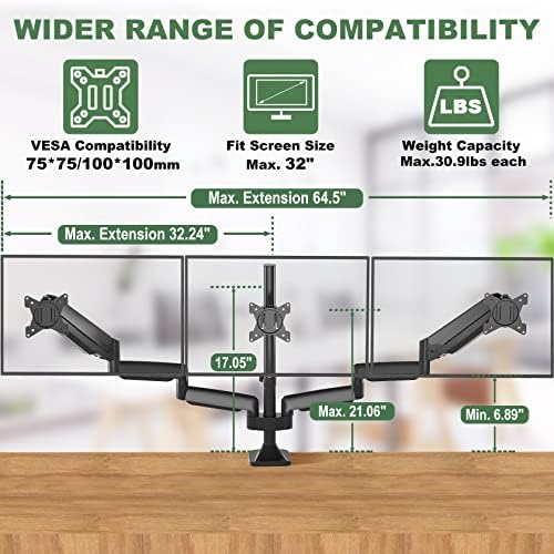 Triple Monitor Stand with Heavy Duty C-Clamp Base for Screens up to 32"