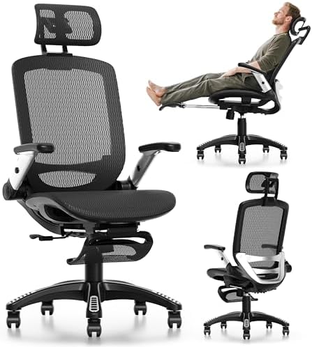 GABRYLLY Ergonomic Office Chair, High Back Home Desk Chair with Footrest,3D Headrest, Flip-Up Arms, 135° Tilt and Wide Cushion, Heavy Duty Mesh Chairs for Task Computer Gaming, Black