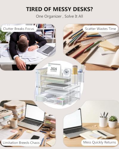 WALI Desk File Organizer, 5 Tier Desktop Paper Letter Tray Organizer with Drawer and 2 Pen Holders, Office Desk Accessories & Workspace Organizers for Office, Home Supplies(DO006DH-W), 1 Pack, White