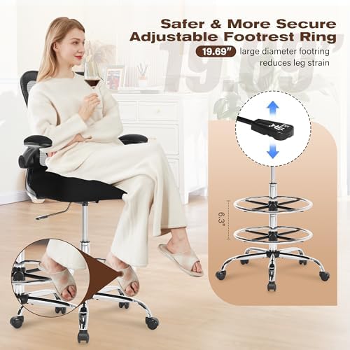 400LBS Drafting Chair, Tall Office Chair with Adjustable Lumbar Support&Footrest Ring, Comfy Extra Deep W-Shape Thicken Cushion, Breathable Mesh Standing High Desk Chair with Padded Flip-up Armrests