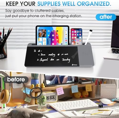 Varhomax Glass Desk Whiteboard with Wireless Charger, Desktop Organizer