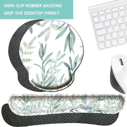Keyboard Wrist Rest Pad Mouse Pad with Wrist Support Set of 3, Mousepad with Non-Slip Rubber Base, Ergonomic Memory Foam Mouse Wrist Cushion Support for Home Office Laptop Computer, Leaves