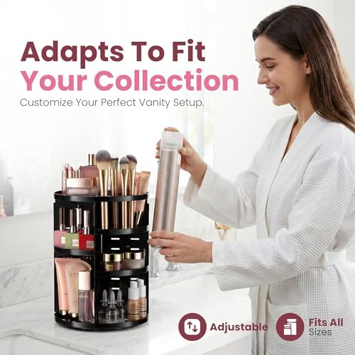 Masirs 360 Rotating Makeup Organizer Countertop, Adjustable Shelf, Black