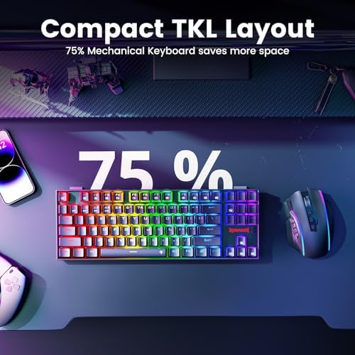 Redragon Wireless Gaming Keyboard, BT/2.4Ghz Tri-Mode Mechanical Keyboard, buit-in Battery, Programmable 87 Keys TKL, LED Rainbow Backlit - K552-KRS