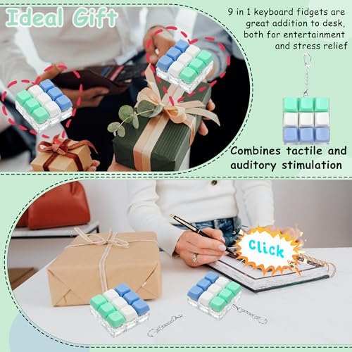 Keyboard Fidget Toy, Keyboard Fidget Keychain 9-in-1 Keyboard Decompression Button Finger Clicker Toys Stress Relief Fidget Gifts (3 Colors- Blue White Green)