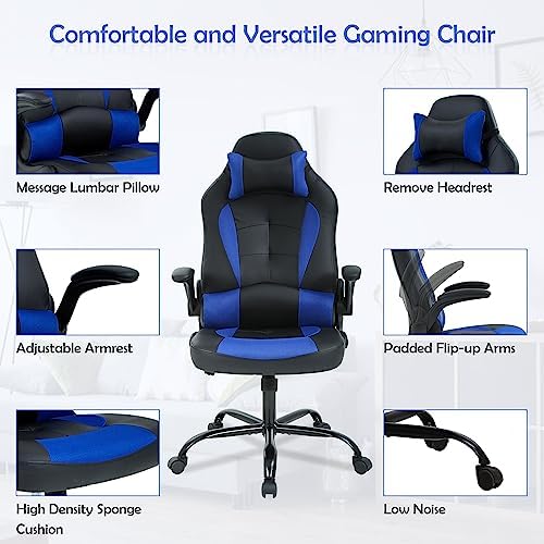 High Back PU Leather Office & Gaming Chair - Comfortable, Big & Tall, Height Adjustable, Heavy Duty Racing Chair with Headrest & Lumbar Support (Blue)