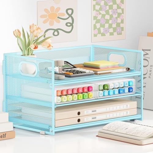 Subekyu 3 Tier Paper Desk Organizer with Handle and 1 PC Slideable Letter Tray, A4 Paper File Folder Sorter Metal Mesh Organizer for Home Office School Desk Supplies Organization Storage, Blue