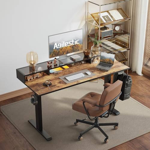 Agilestic 48*24 Inch Electric Standing Desk with Glass Shelf, Rustic Brown