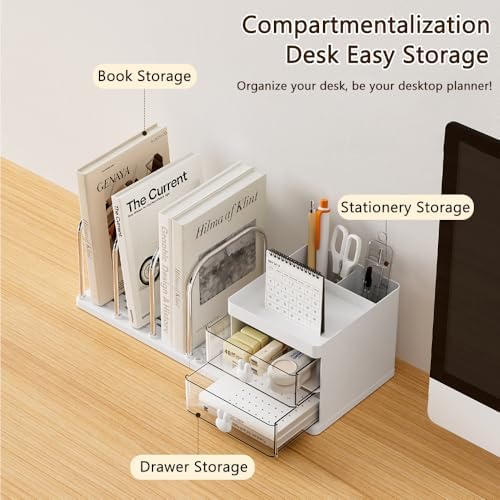 Desk Organizer with Bookends, Desktop Storage Box with 2 Drawers (White)