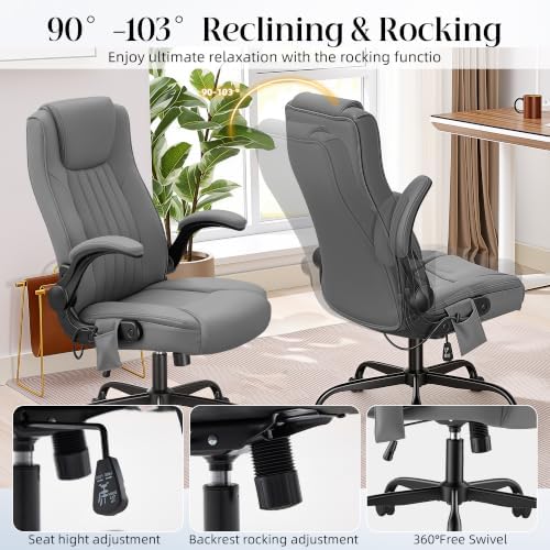 Office Chair, Ergonomic Executive Desk Chair Inflatable Lumbar Support High Back Computer Desk Chair Thick Cushion, Flip-Up Arms and Ergonomic Back Comfy Executive Office Chair for Home Office Gaming