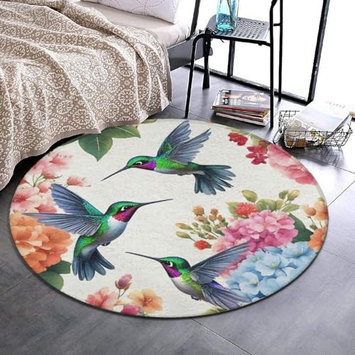 Women's Large Home Decor Mat, Soft Round Yoga Carpet, Non Slip Machine Washable Home Office Circle Rug Bird Colorful Flowers Hummingbirds Floral