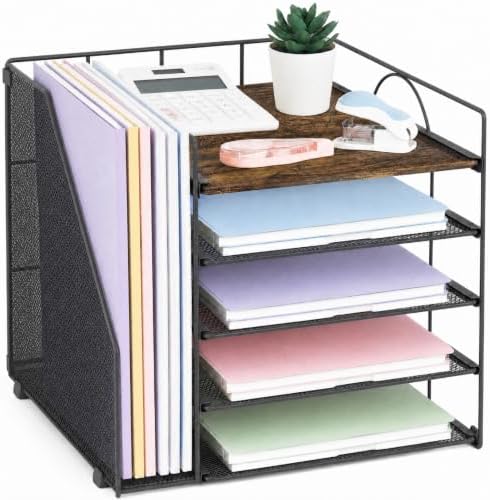 LEKETREE Desk Organizers and Accessories, 5-Tier Paper Letter Tray Organizer with File Holder, Desktop Organizer for Office Supplies (Wood)