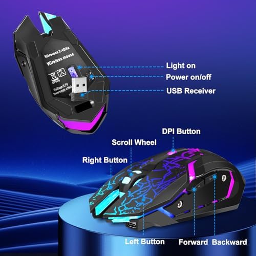 Wireless Gaming Mouse,Rechargeable Computer Mouse with Type-C Fast Charging, Ergonomic Mouse with 3 Adjustable DPI, 6 Silent Buttons, LED Light, Long Battery Life for Laptop, PC, Mac