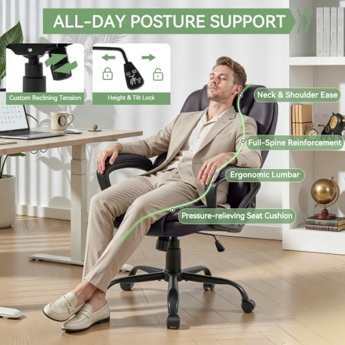 Ergonomic Office Chair with High Back, Comfy Desk Chair, Adjustable Executive Office Chair for Home Office, Big and Tall Computer Chair Heavy Duty, 360° Swivel, Faux Leather Brown