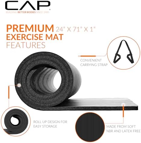 CAP 1" Extra Thick Yoga Mat, Exercise Mat with Strap, Multiple Colors